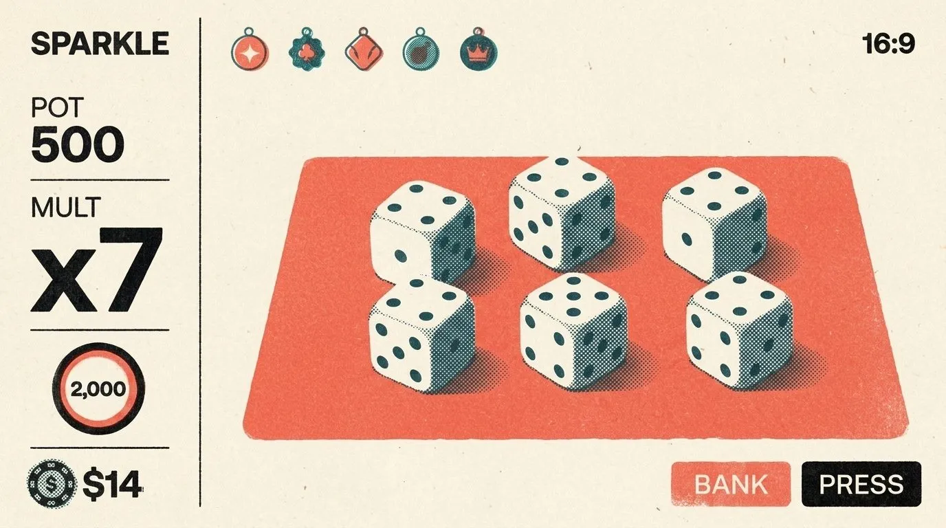 The July style target: white dice on a coral felt table with a pot of 500 and a x7 multiplier.