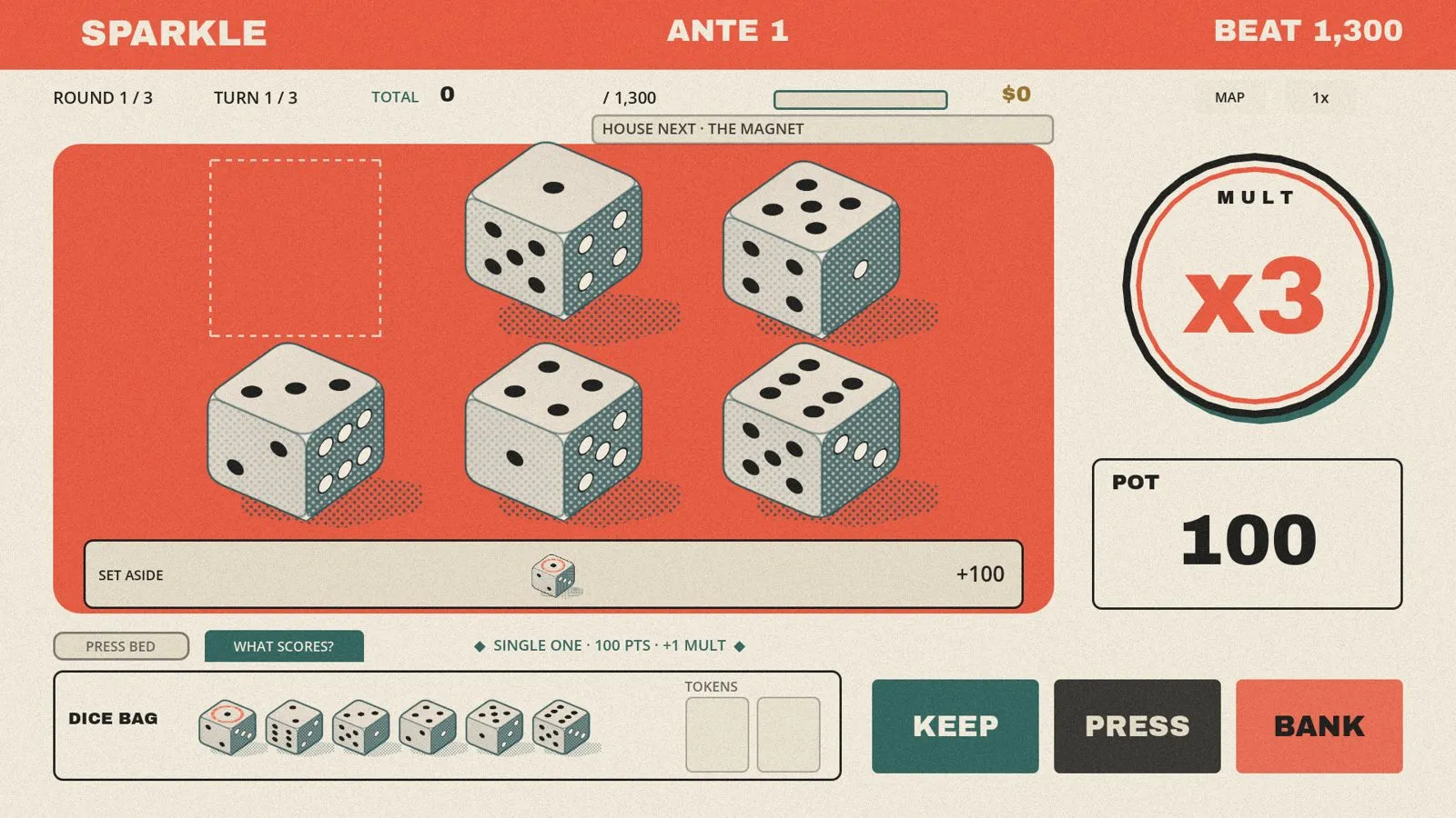 The angled-dice board: tilted dice on a green felt table, a gold die and a red die, 1,575 banked.