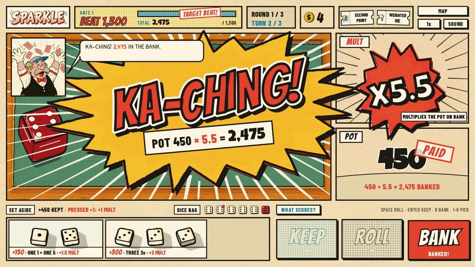 Sparkle's Sunday Funnies table: a comic-strip game board with a KA-CHING burst and a x5.5 multiplier.