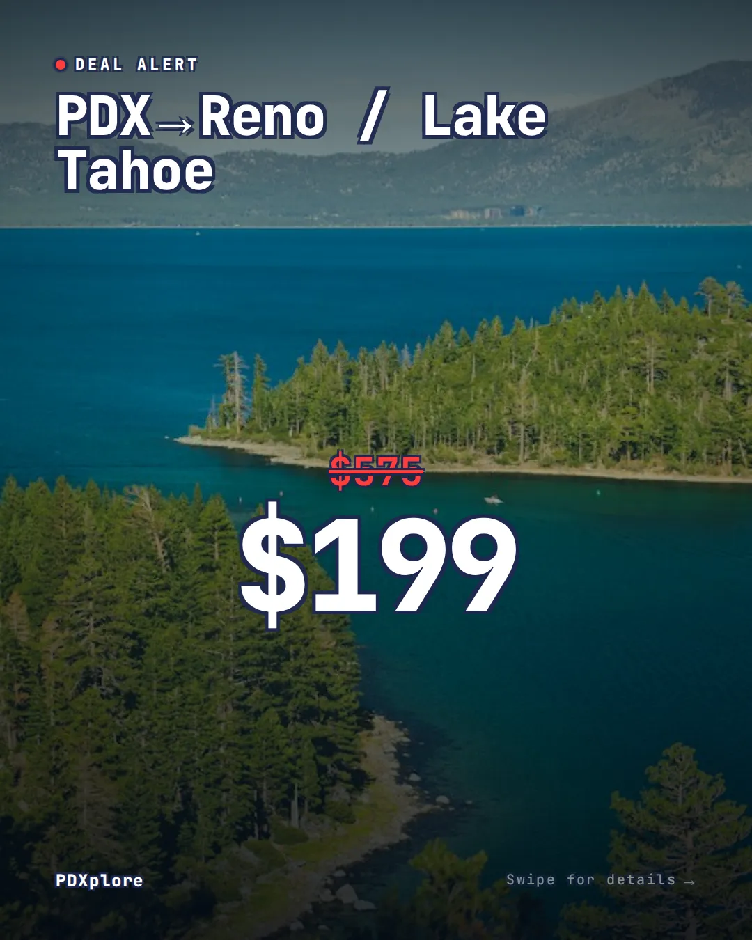PDXplore carousel cover for Reno and Lake Tahoe, with a $199 fare over a lake photograph.