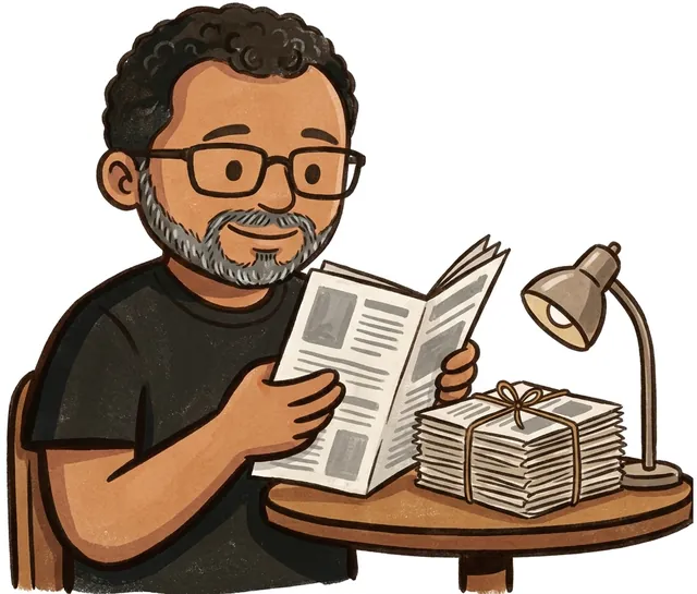Jay at a desk reading a printed newsletter, a stack of old issues tied with string beside him.